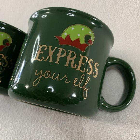 Express Your Elf Mug Green Ceramic Coffee Tea Cocoa Large 2 Pc Set Santa Helper - Picture 13 of 13